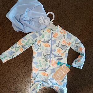 Baby Blue Sea Life Swimsuit with Hat